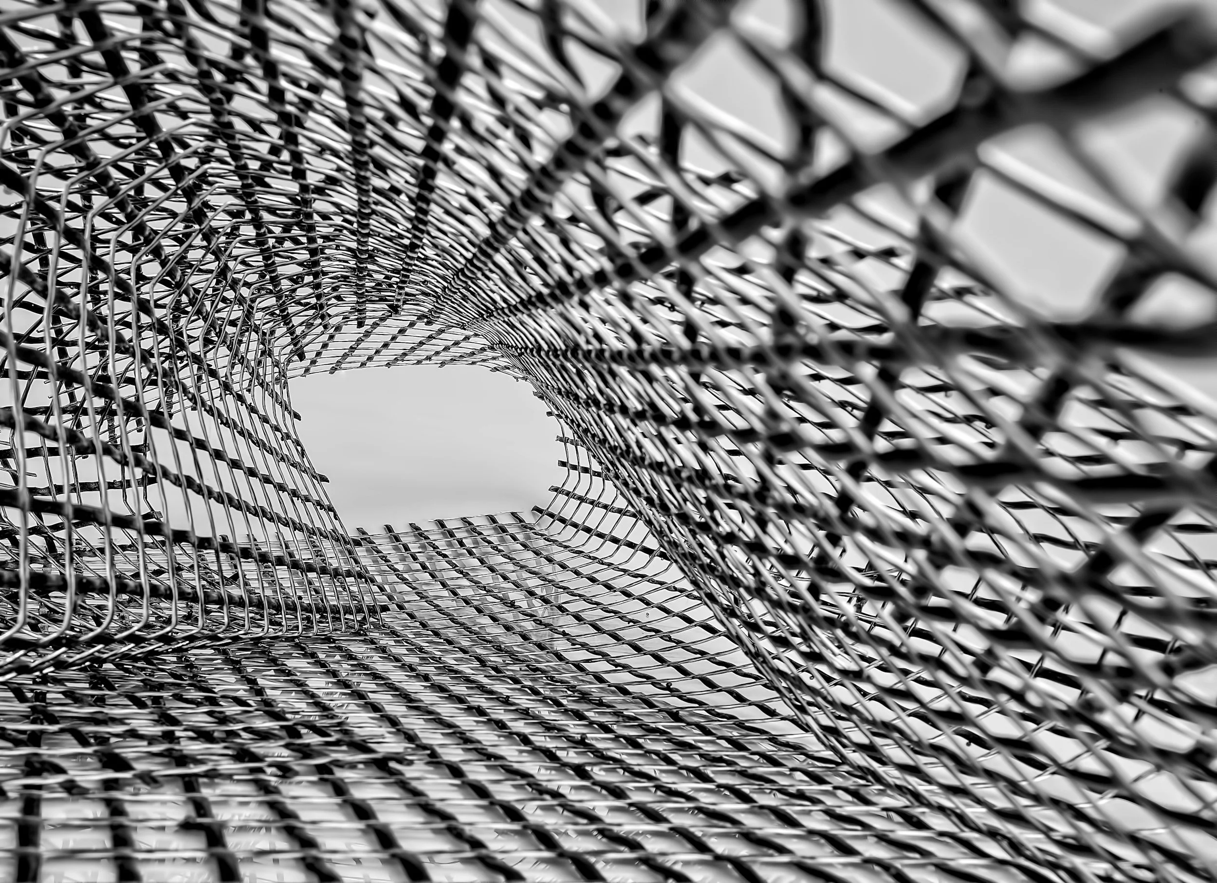 A close-up black and white photograph of a cylindrical metal wire mesh structure, with a complex pattern of intersecting wires creating a grid-like appearance.