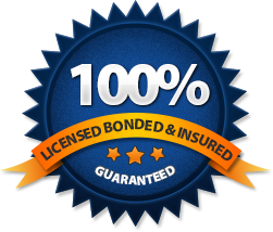 A badge with a blue background and a scalloped edge, displaying '100%' in large white text, with an orange banner that says 'Licensed Bonded & Insured' and a smaller text 'Guaranteed' at the bottom.