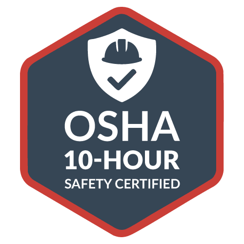 OSHA 10-hour safety certification badge with a helmet icon and a checkmark.