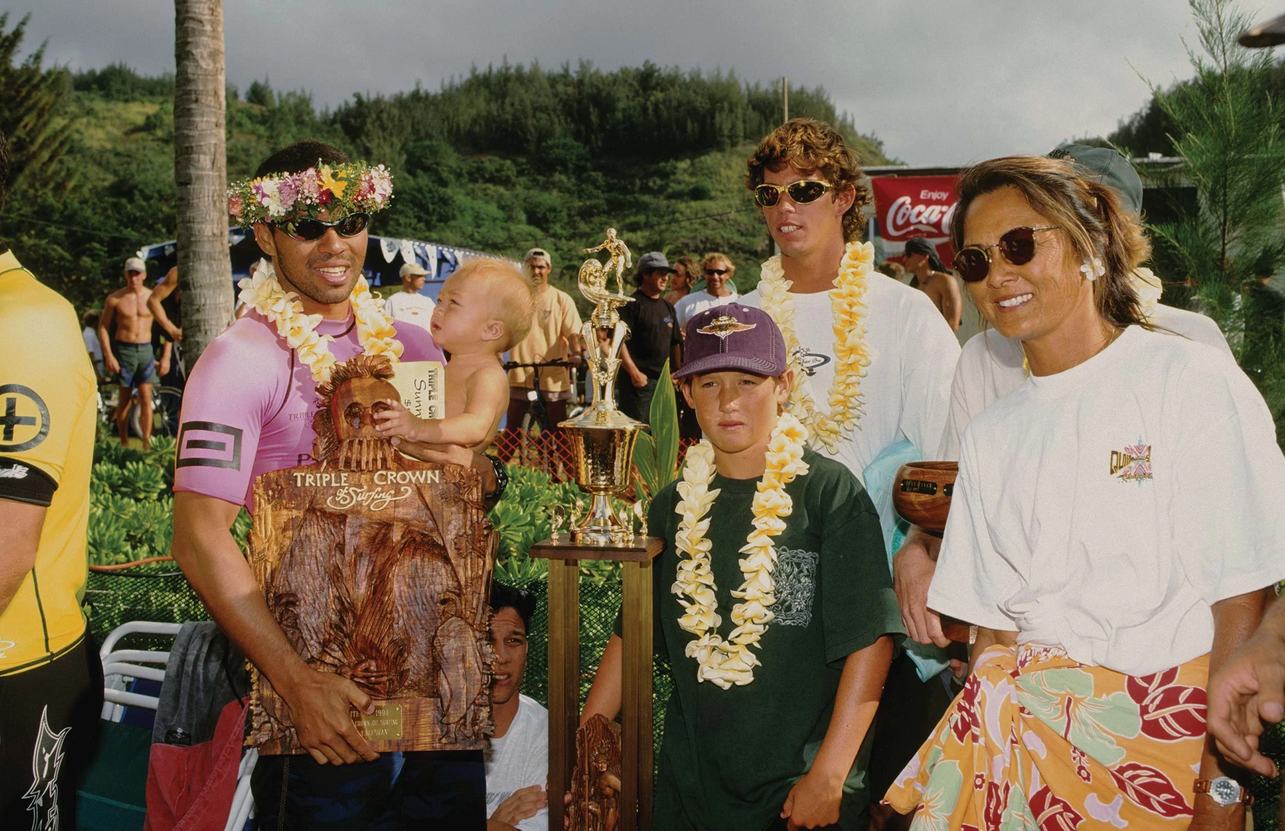 Sunny and Stone Garcia, Nainoa Surratt, Chad Delgado, and Rell Sunn, Sunset Beach, Oahu, Hawaii