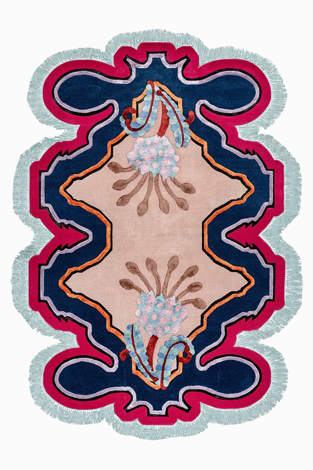 Decorative rug with a symmetrical floral pattern and bold colors, including navy blue, pink, light blue, and brown.