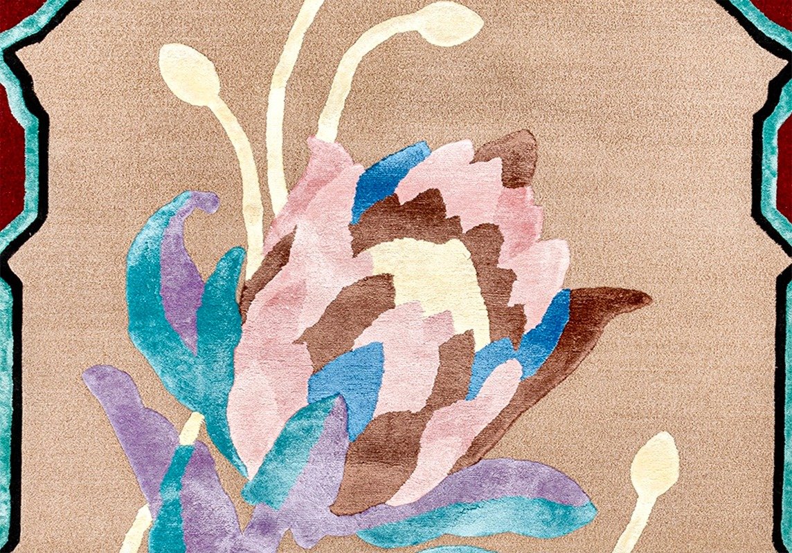 Abstract floral design with pastel pink, blue, purple, and brown colors on a beige background, framed with a geometric border.