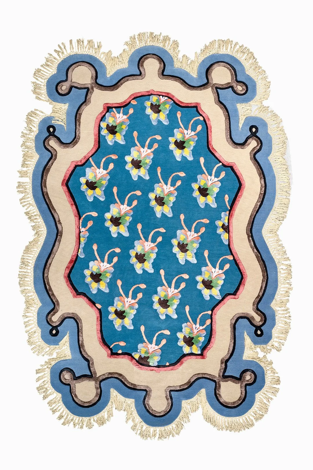 Colorful decorative rug with floral pattern and intricate border design.