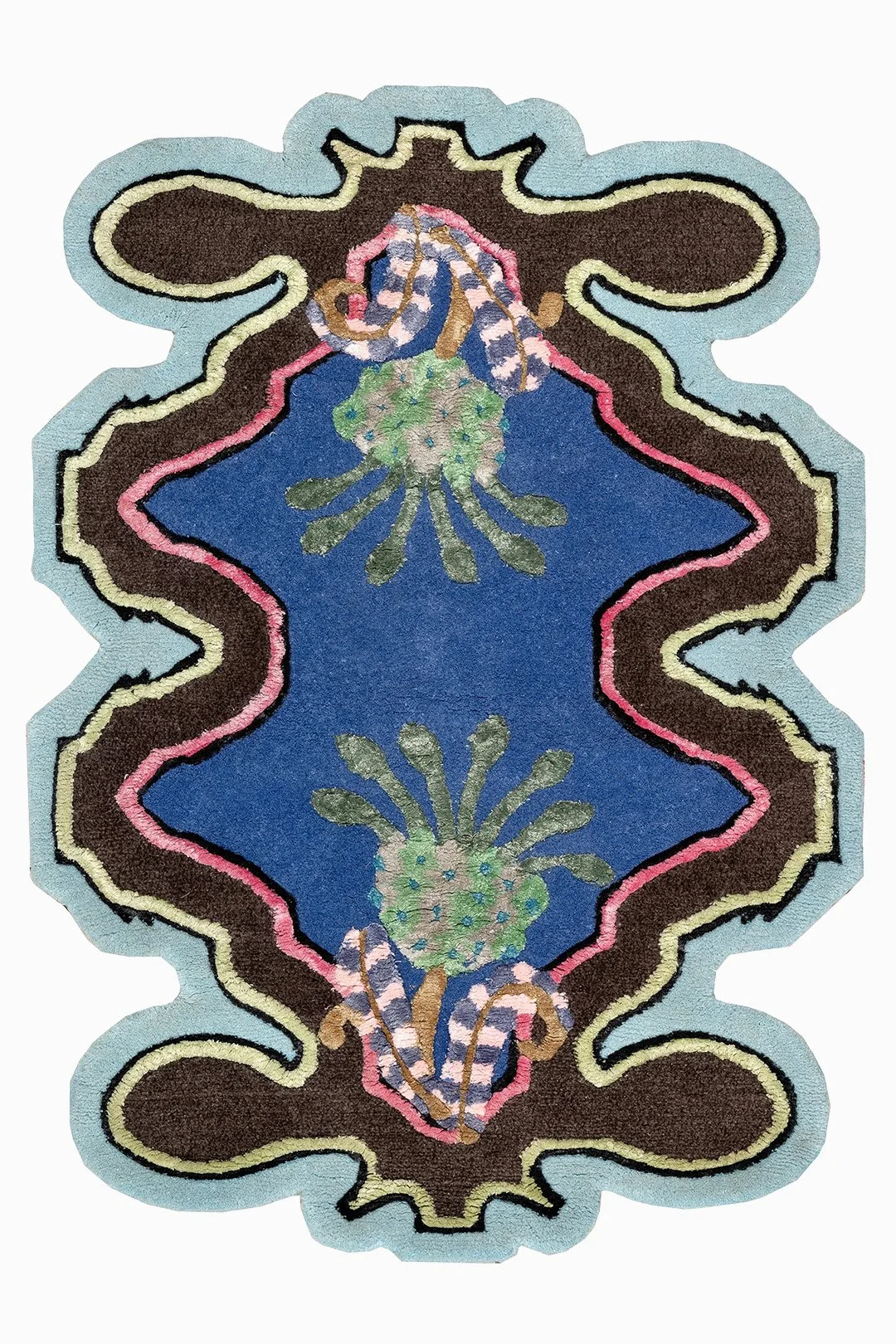 Colorful embroidered patch with a floral and ornate design featuring blue, green, gold, and pink details, outlined with a decorative border.