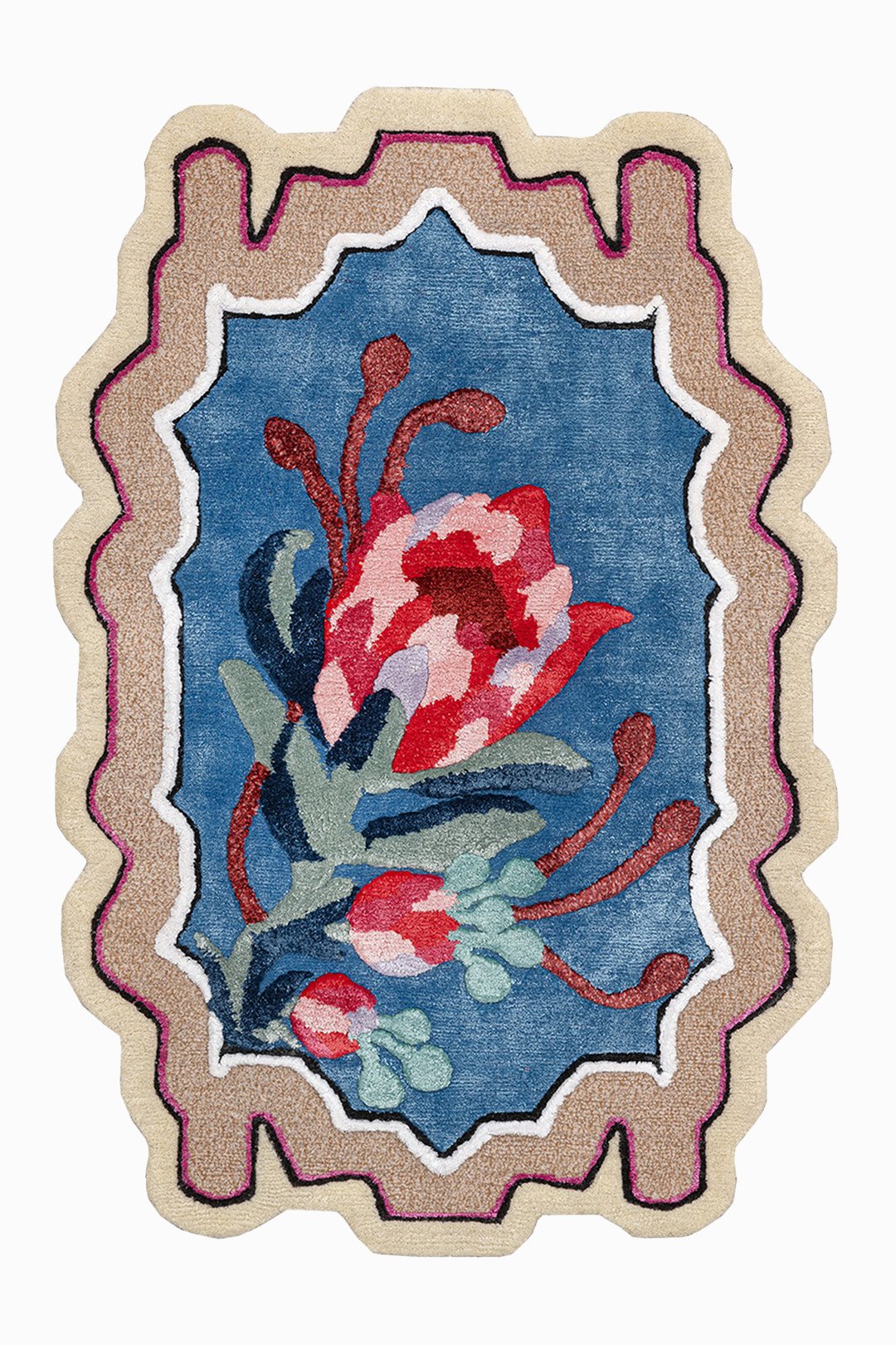 A decorative embroidered rug with a floral pattern featuring a pink and red flower and green leaves, bordered by a layered multicolor design.