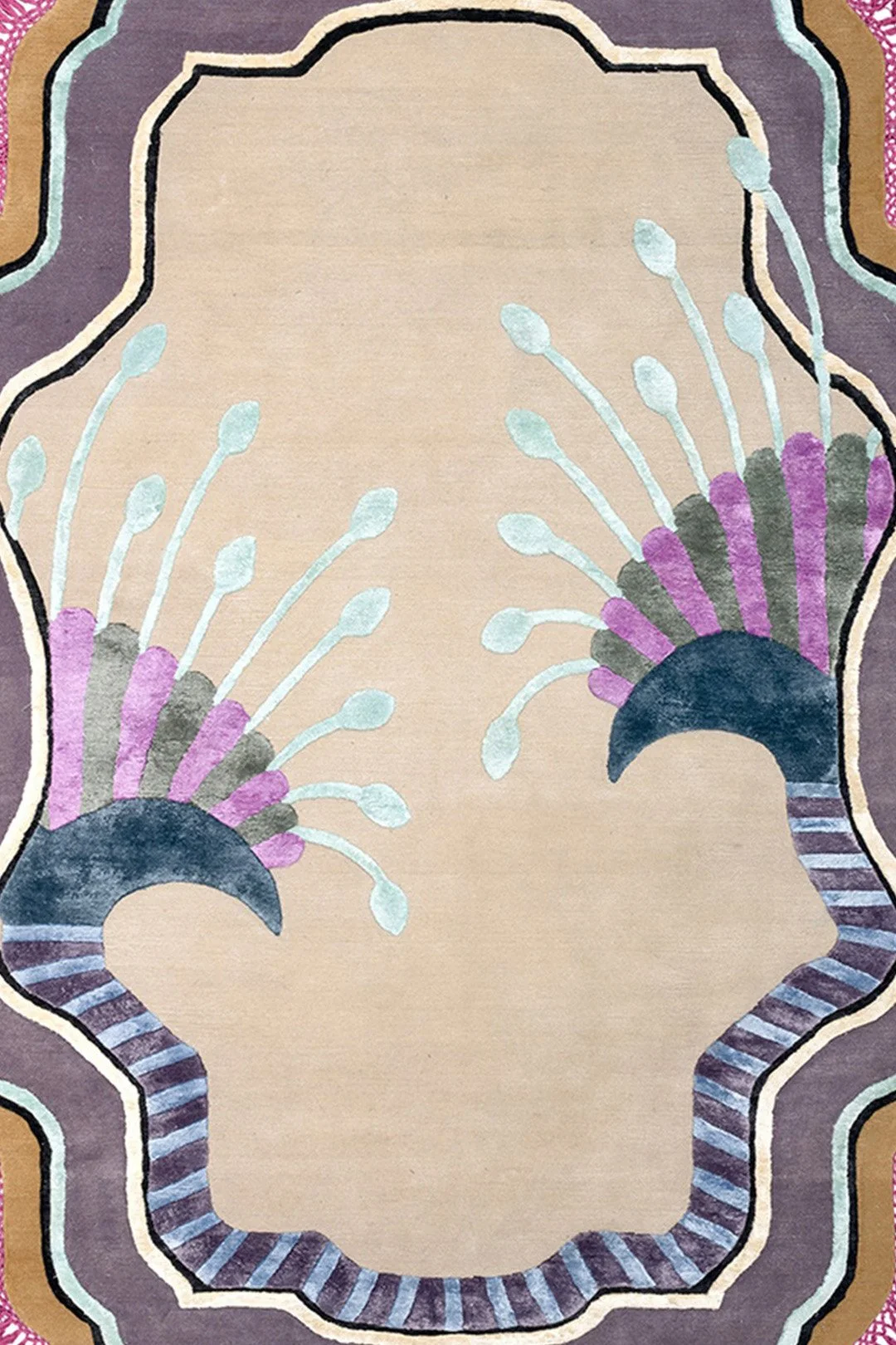 A colorful, abstract patterned rug with curved, fan-like shapes in purple, gray, and dark blue, with striped borders and textured details.
