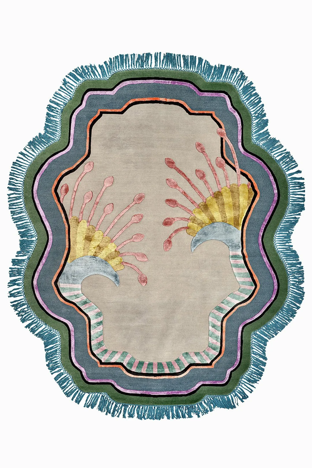 A decorative area rug with a floral-inspired design, featuring a beige background, pink and yellow floral elements, and multicolored fringed border.
