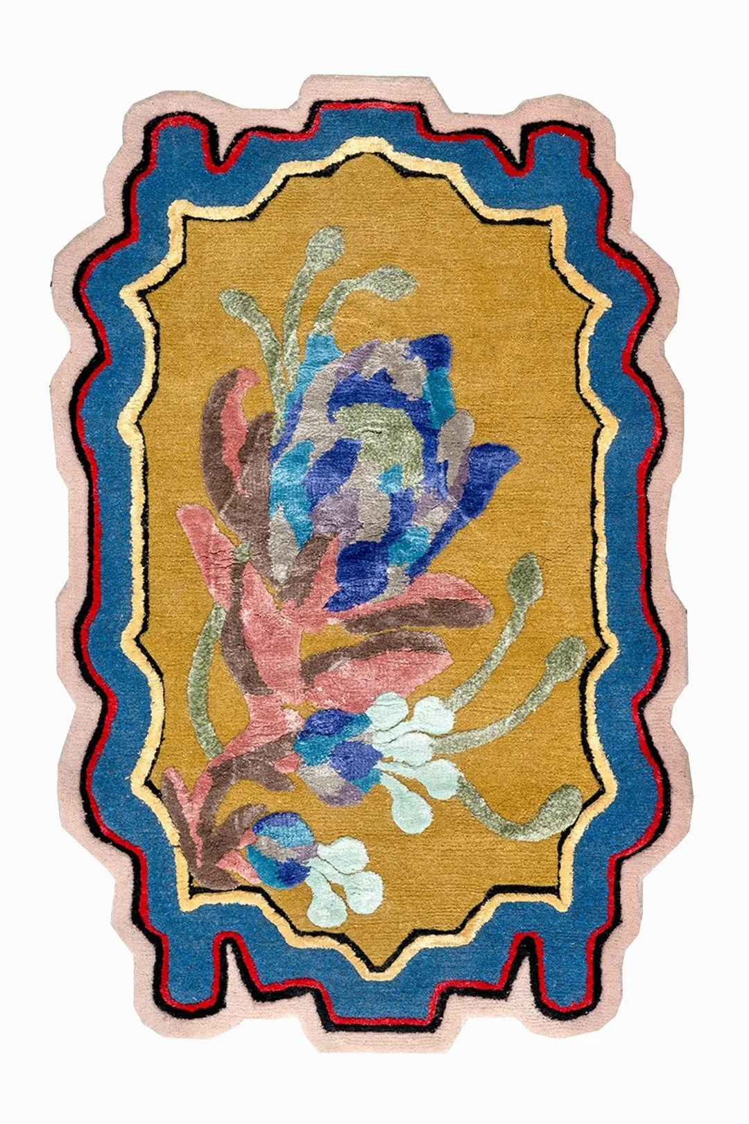 A colorful floral pattern rug with a yellow background, surrounded by a layered border in shades of blue, red, black, and pink.