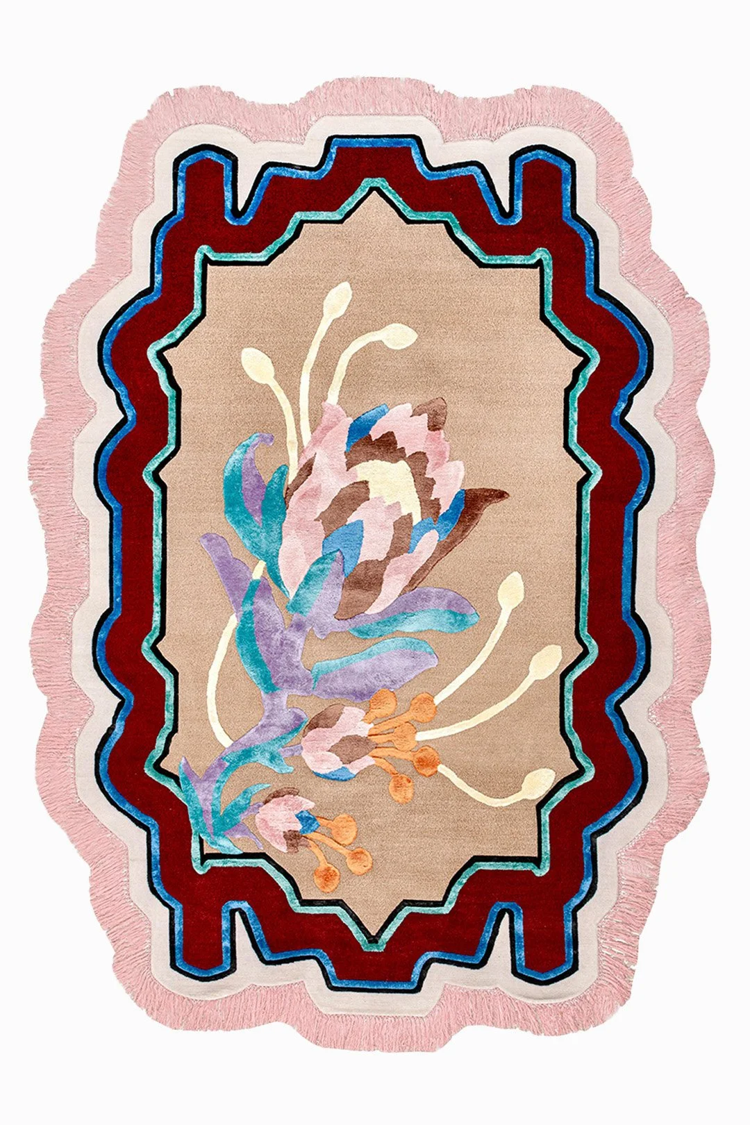 Watercolor-style floral design on a beige background, framed by layered pink, white, blue, and red borders.