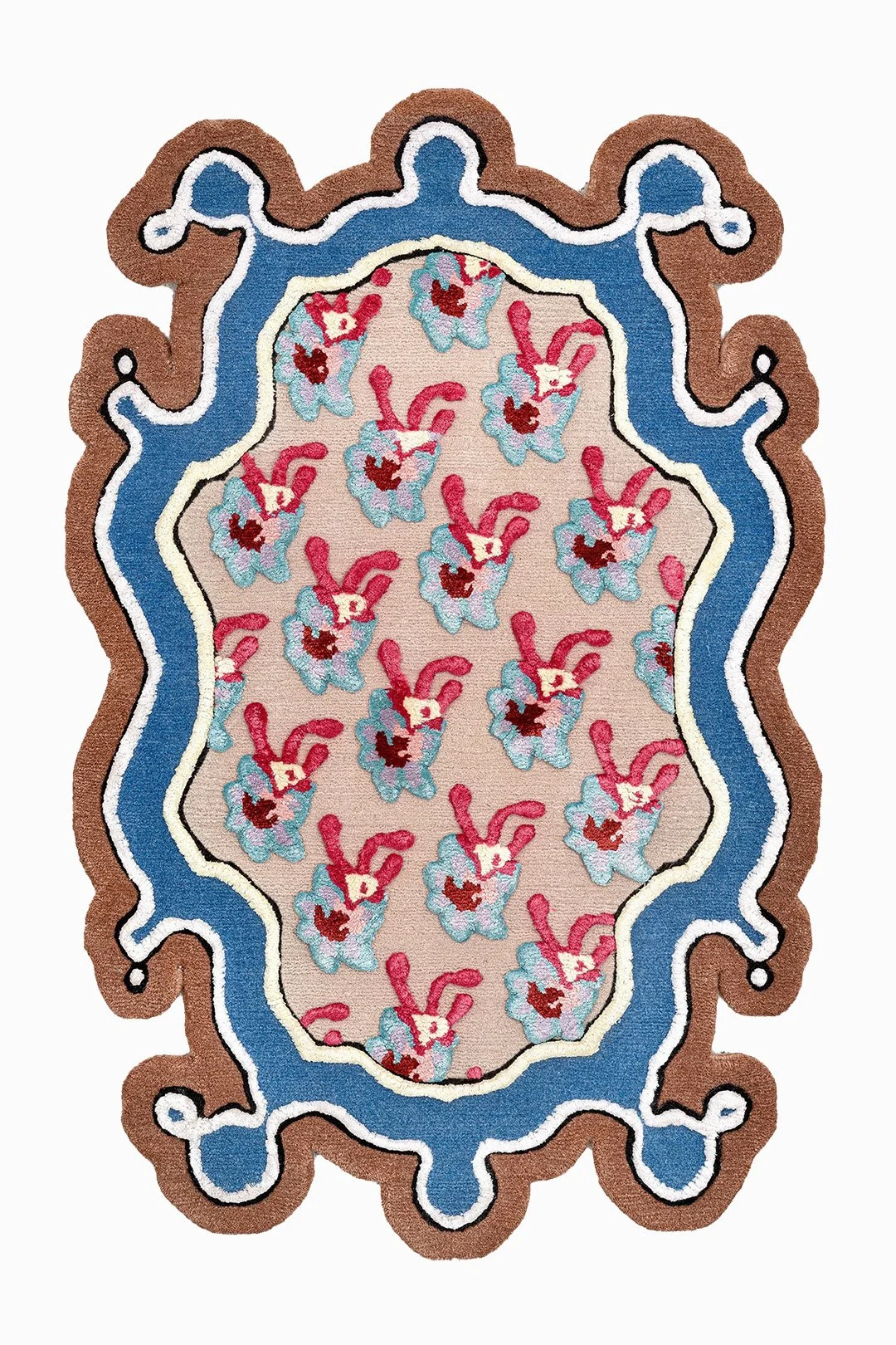 Colorful decorative rug with a floral pattern and a bold, ornate border.