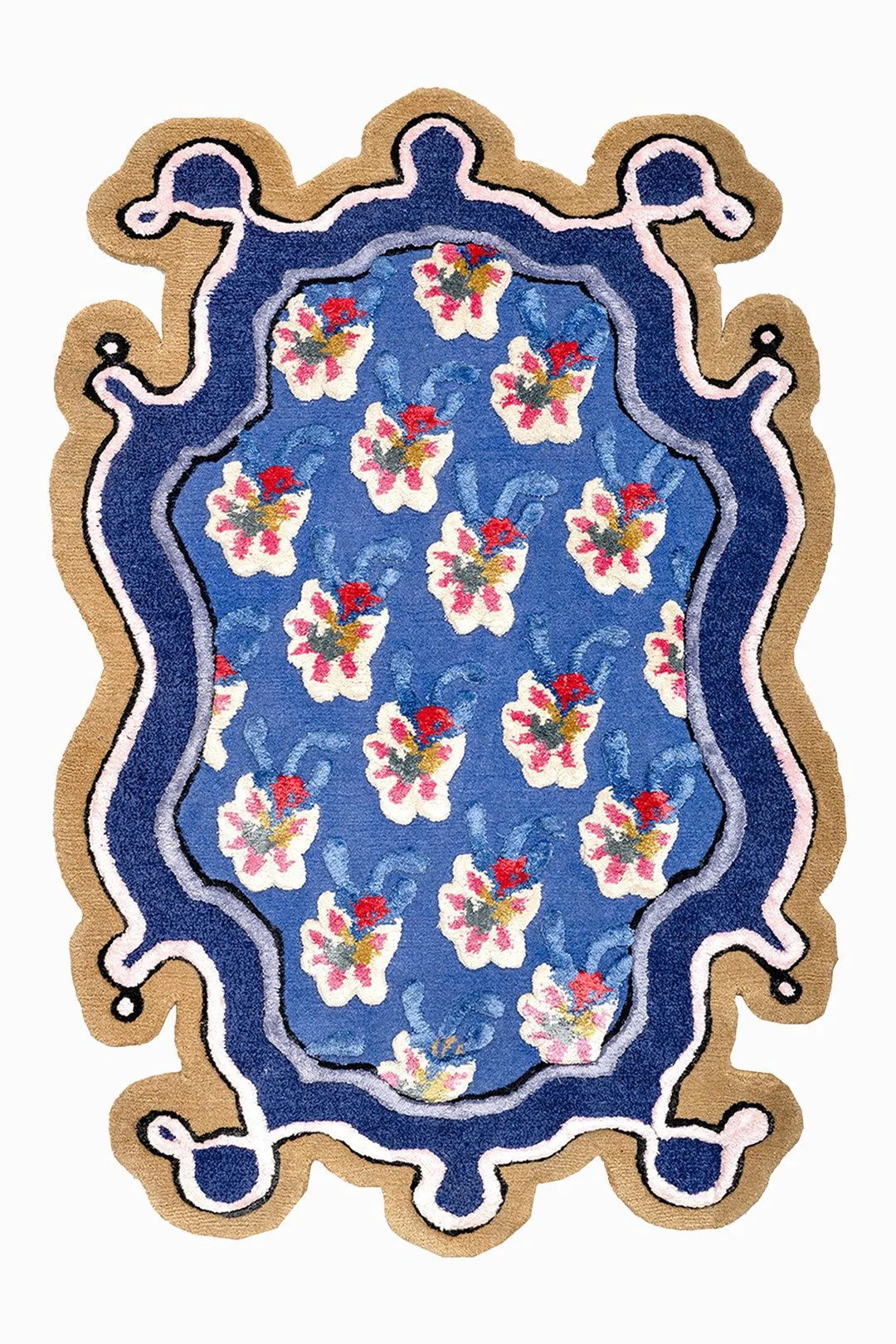 A decorative rug with a blue floral pattern, bordered by tan, navy, and pink outlines, featuring pink and white flowers with red accents.