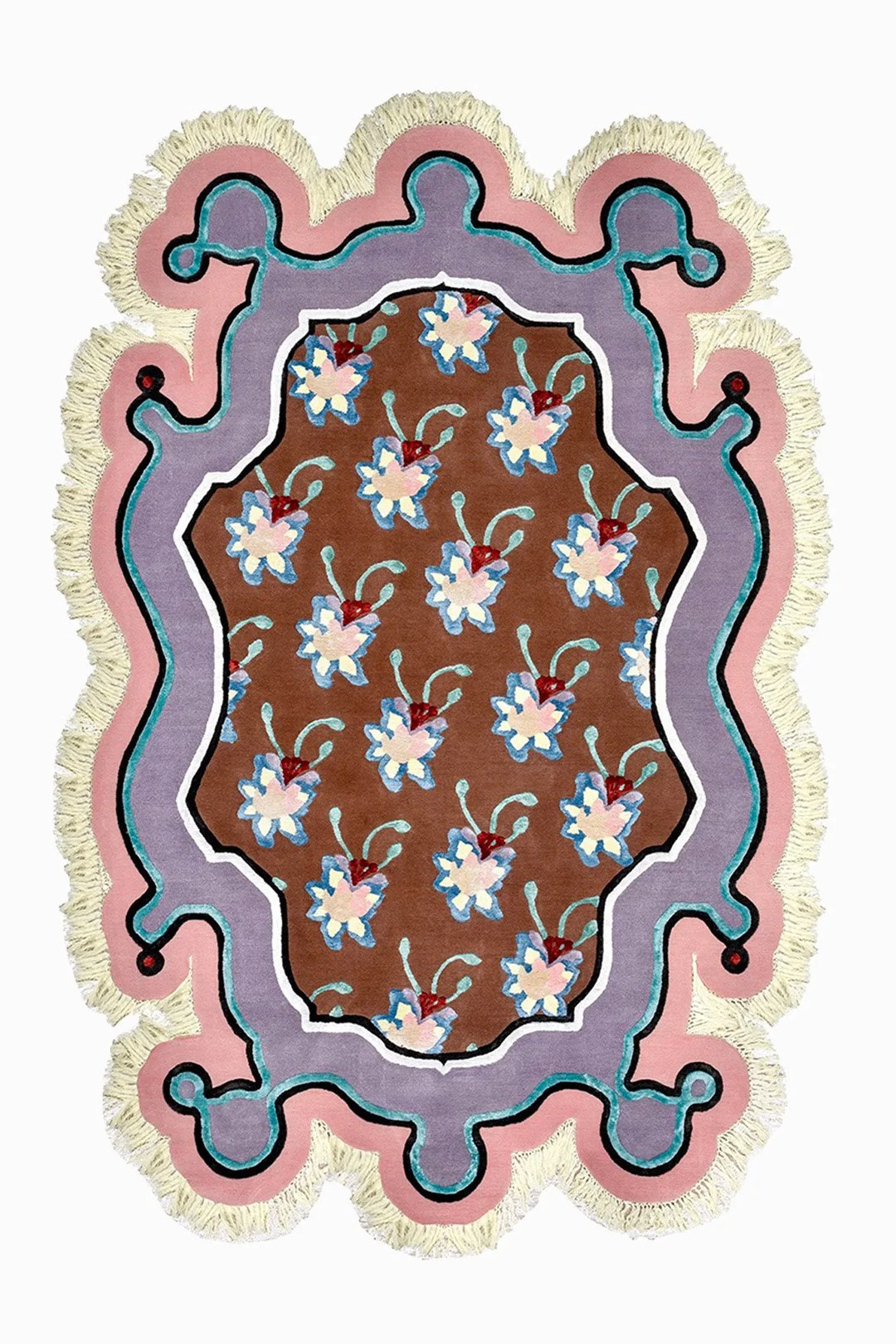 Colorful floral and geometric pattern rug with fringe edges, featuring a central brown area with blue and white flowers and surrounding layered borders in pink, purple, and blue.