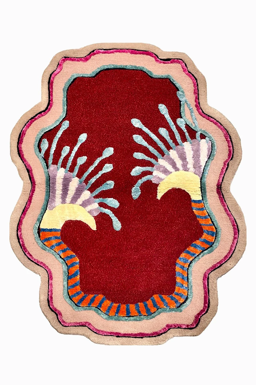 Colorful embroidered rug with a red background, featuring two abstract flower shapes with purple, yellow, and orange striped stems, surrounded by layered pink, blue, and beige borders.