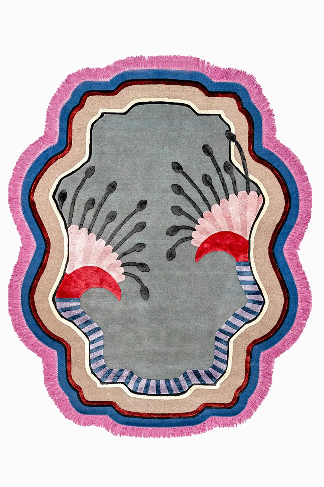 A colorful, abstract rug with a central gray area surrounded by wavy borders in pink, blue, beige, and red, featuring stylized flower or fan-like shapes with striped elements.