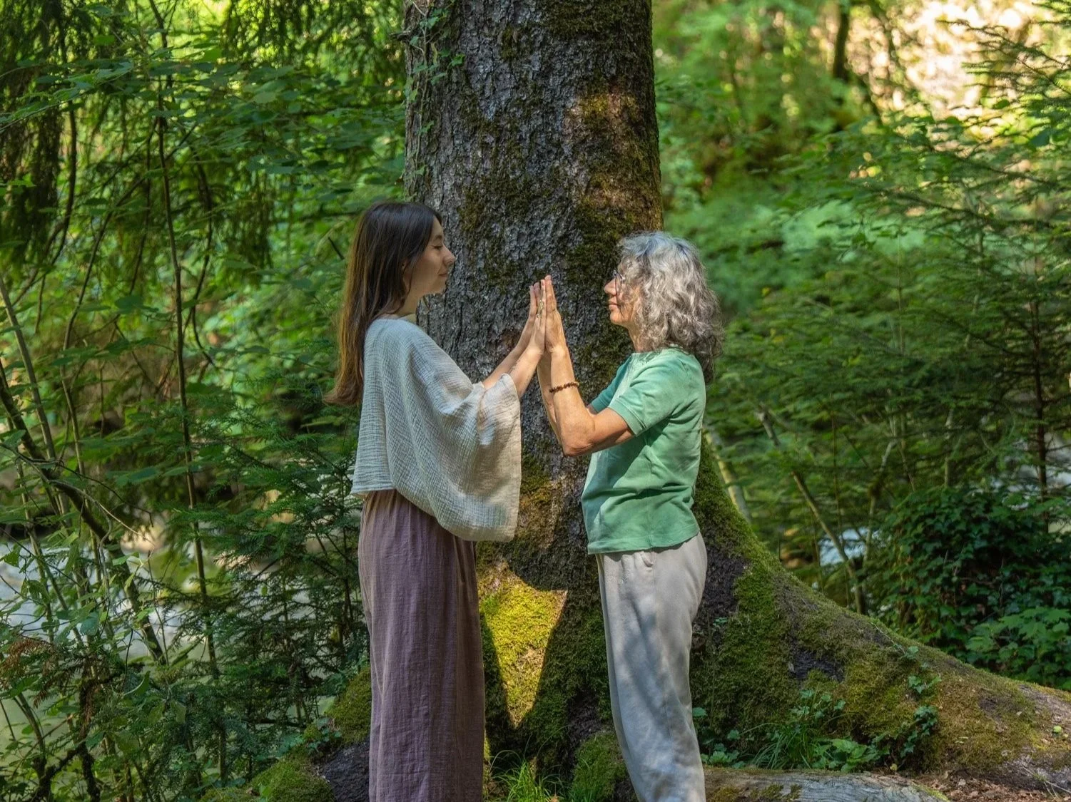 Deux femmes, une plus âgée avec des cheveux gris, et une plus jeune, se tiennent dos à dos, face à face, dans une forêt dense, appuyées contre un grand arbre, elles se touchent avec leurs paumes lors d'une séance de méditation ou de connexion spirituelle.