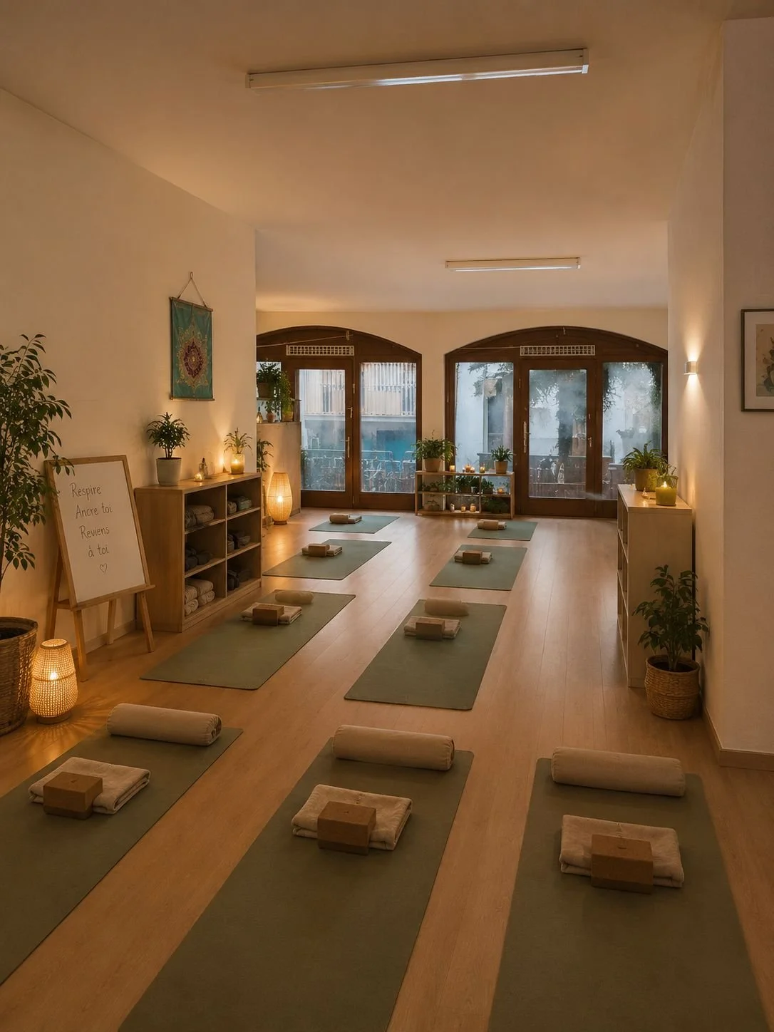 Salle de yoga calme avec tapis, blocs, et serviettes, éclairée par des lampes, avec de la verdure et des décorations apaisantes