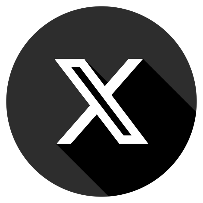 Black circular icon with a white stylized letter X and a diagonal line crossing through it, creating an abstract geometric design.