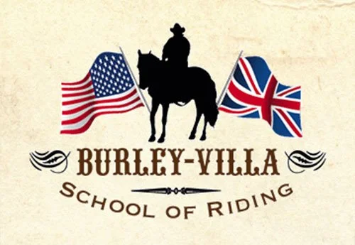 Logo for Burley-Villa School of Riding, featuring a cowboy on horseback with American and British flags.
