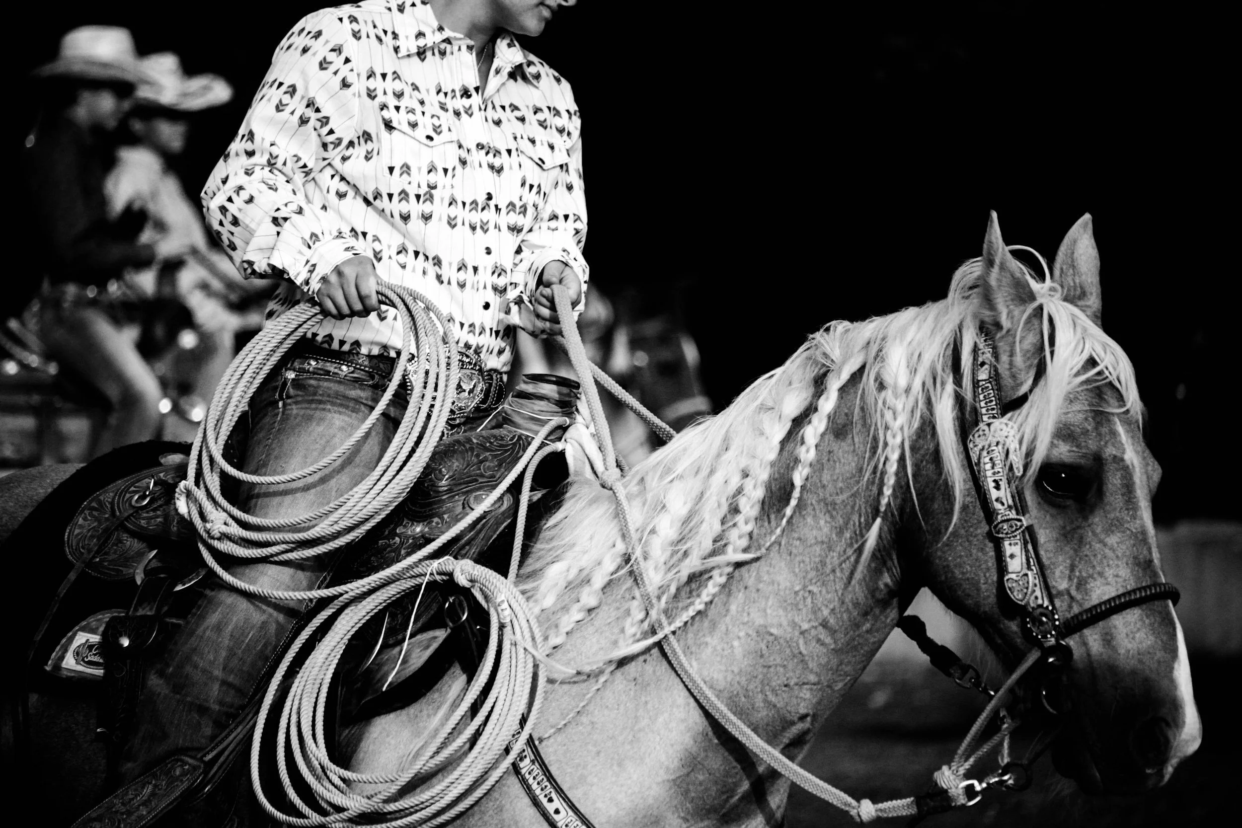 A person riding a horse, wearing a patterned shirt, holding the reins, with other riders in the background.