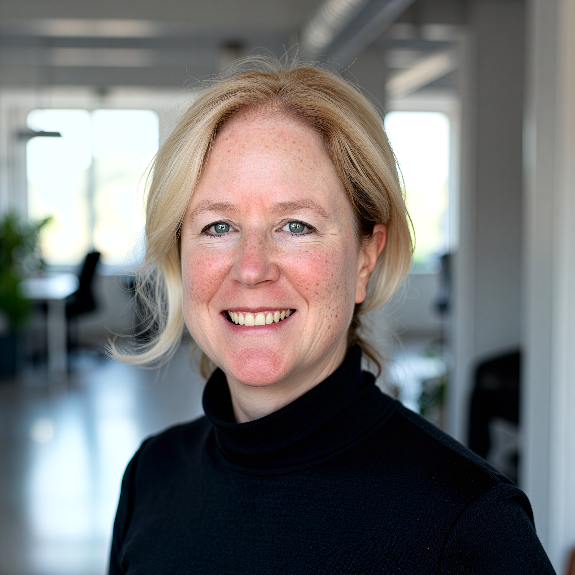 Our founder. A woman with blonde hair and blue eyes smiling, wearing a black turtleneck sweater, in a well-lit modern interior.