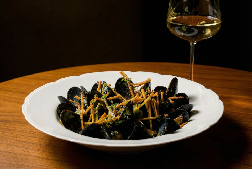 white bowl of mussels and glass of wine on brown wood table