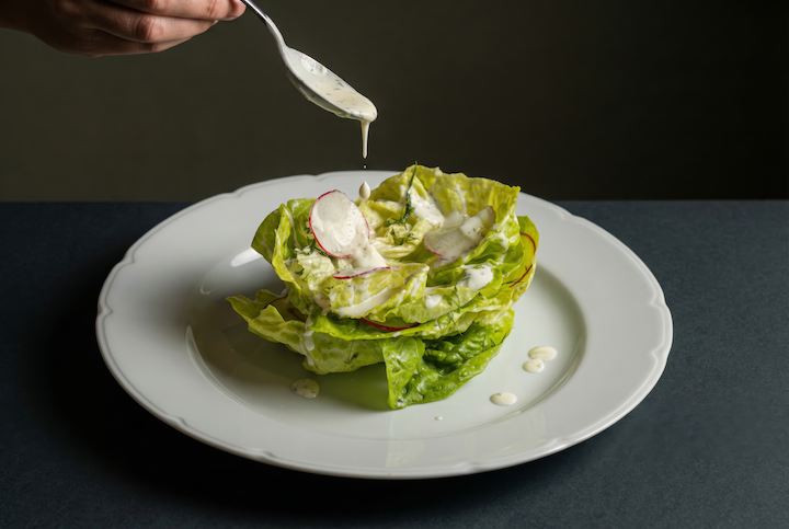 wedge style bibb salad with red radish and person dripping dressing on top