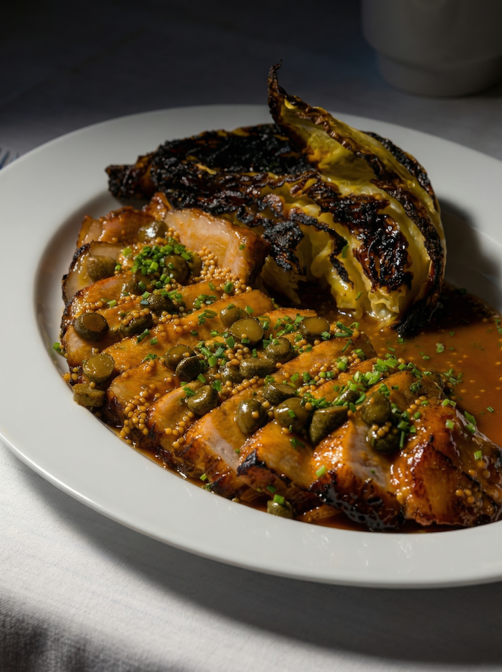 Berkshire pork chop on white plate with seared cabbage