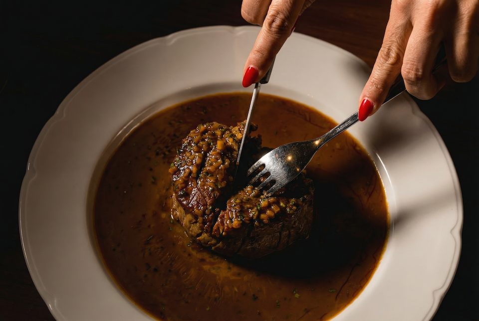 Person with red nail polish cutting into a beefsteak on a white plate with sauce.