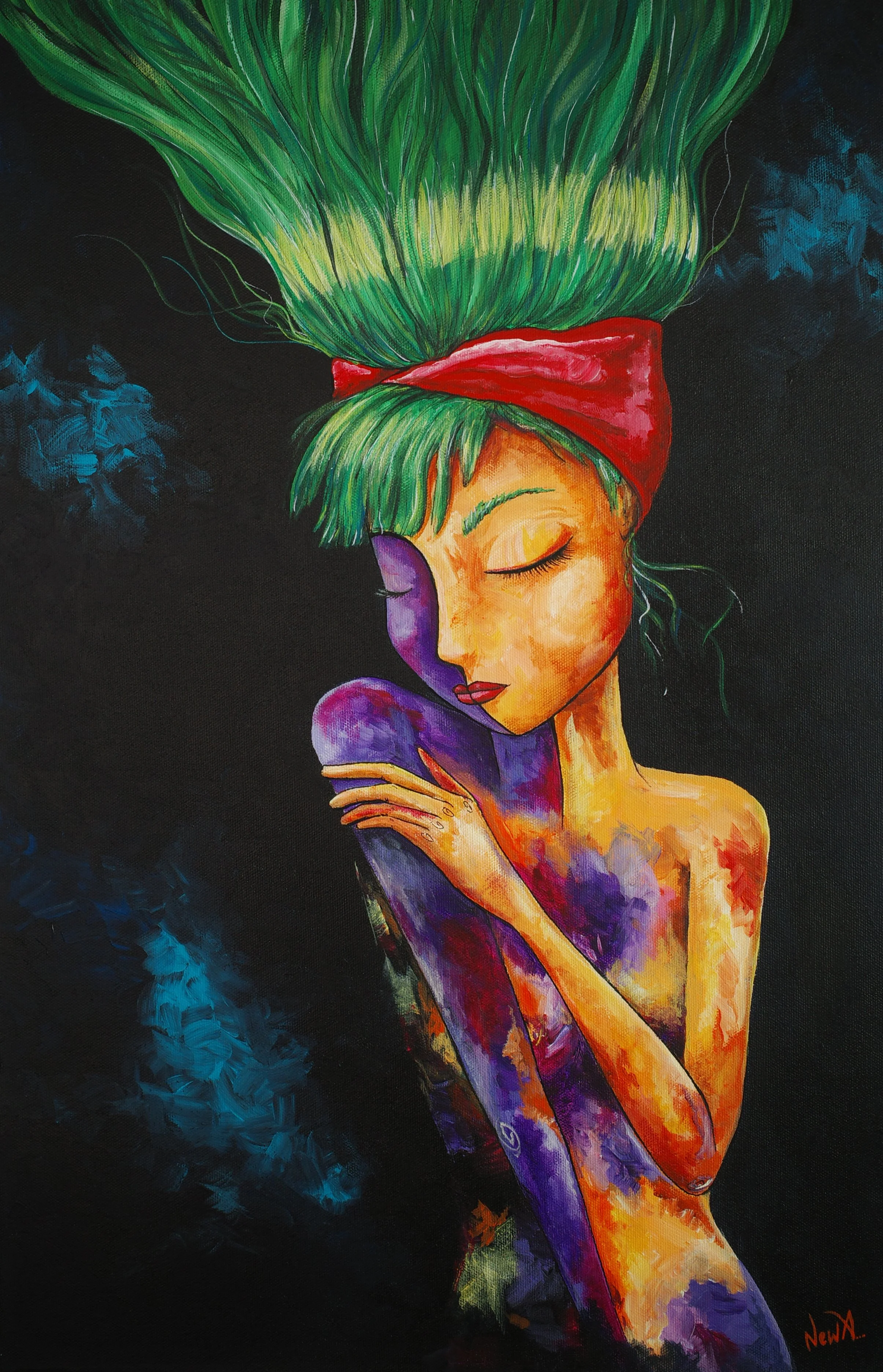 A vibrant painting of a woman with closed eyes, green hair flowing upward, wearing a red headband and holding a purple object close to her face. The background is primarily black with touches of blue.