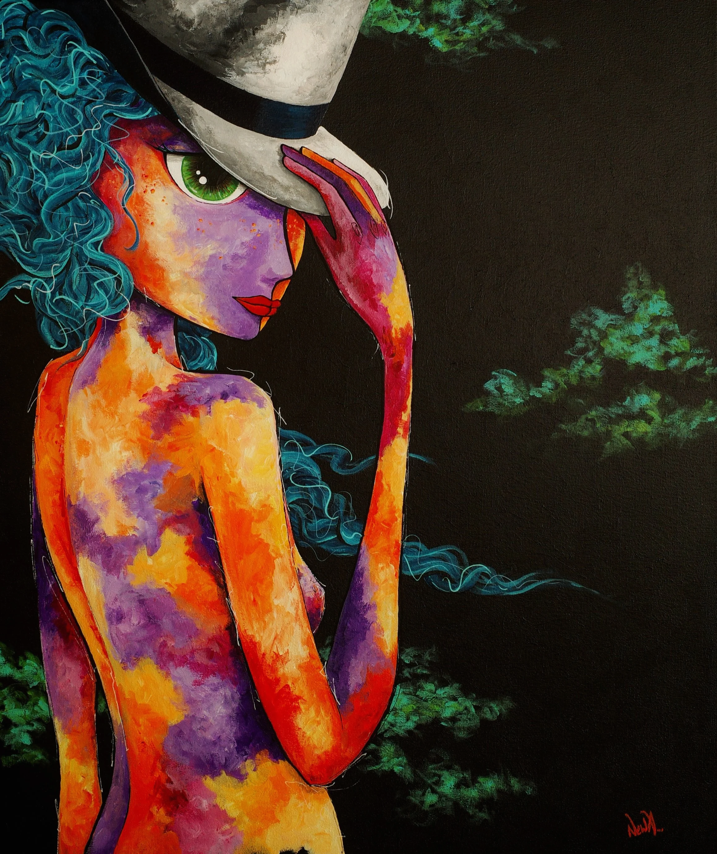 Colorful artwork of a woman with blue curly hair, purple and orange skin, wearing a gray hat, standing against a dark background with green foliage.