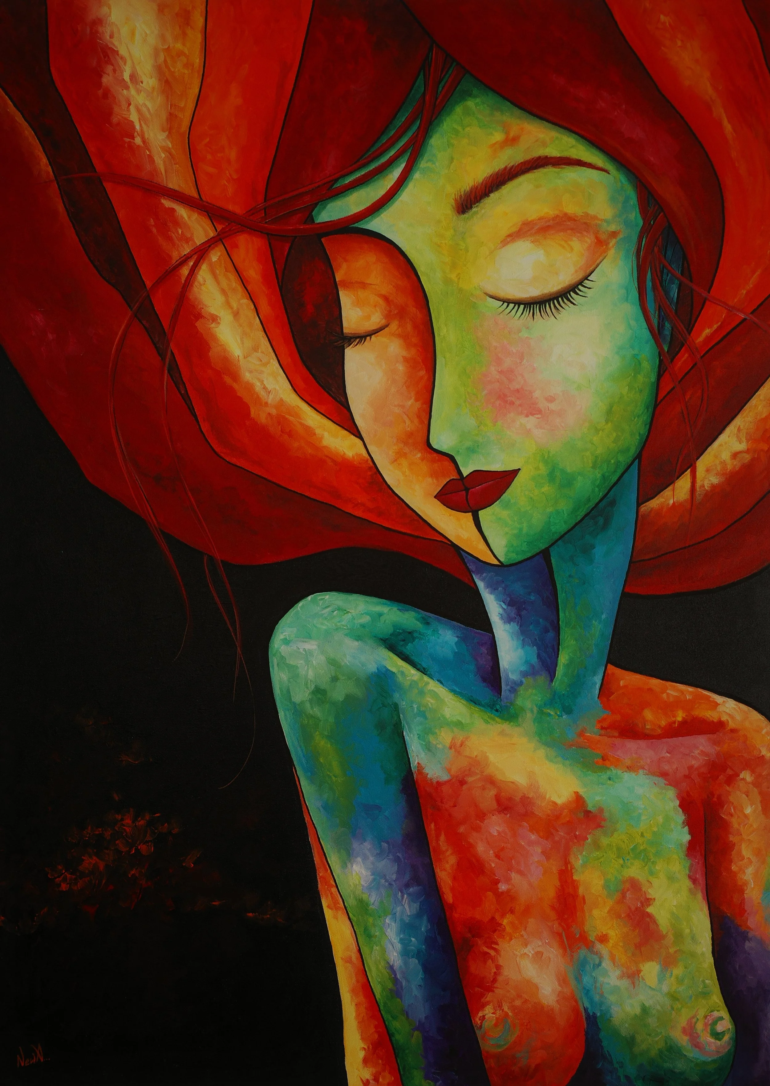 Colorful painting of a woman with closed eyes, green and yellow face, and red hair, set against a black background.