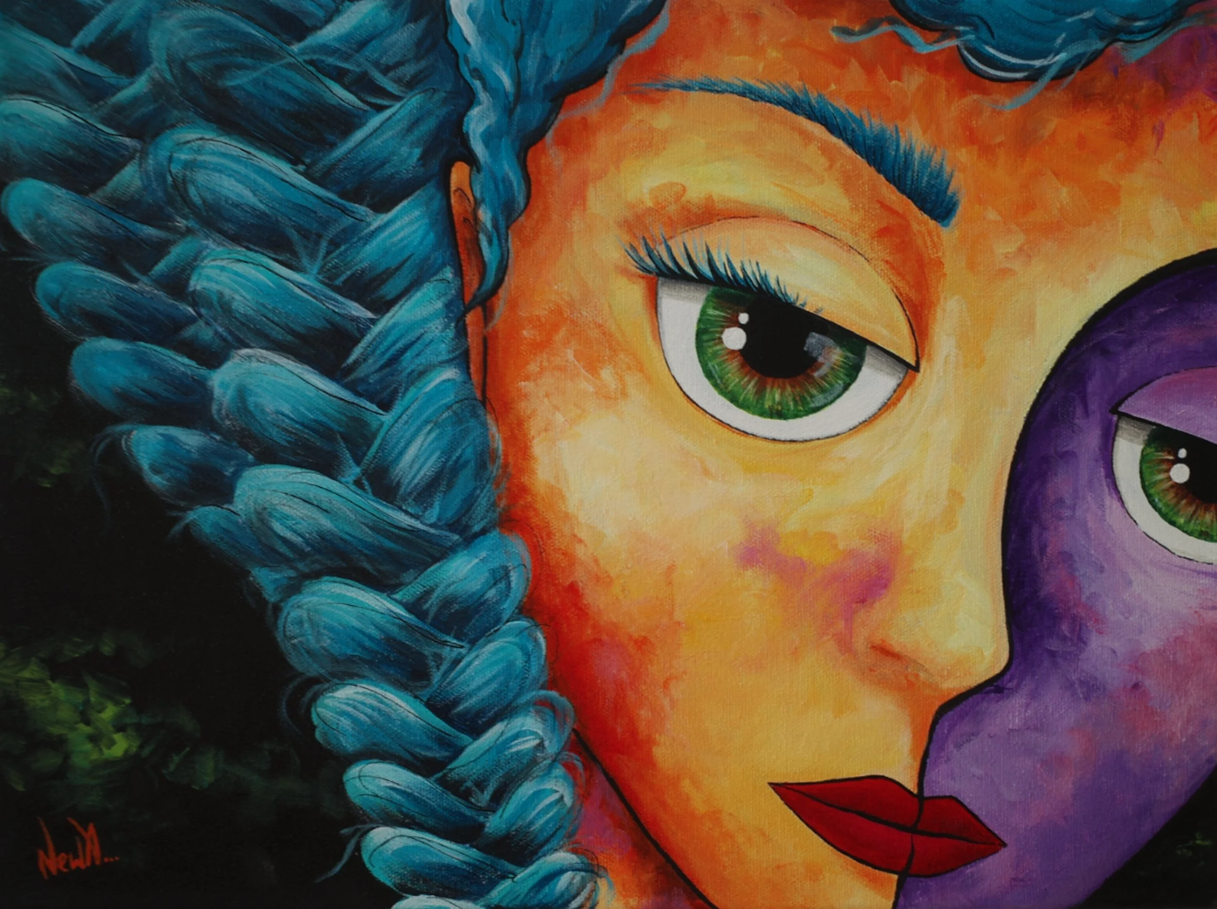 A colorful painting of two faces, one with brunette hair, green eye, and warm skin tones, and the other with purple skin tone and green eye. The faces are close together.