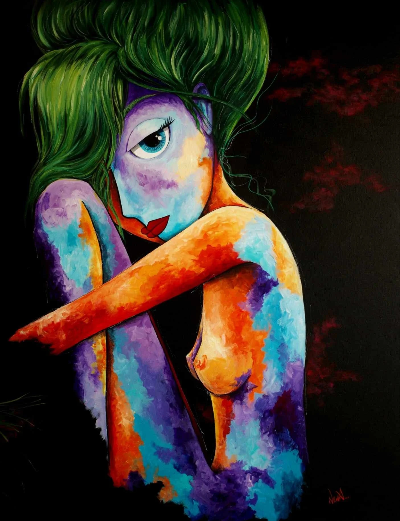 Colorful abstract painting of a woman with green hair, blue eye, red lips, and exposed shoulder, set against a dark background.