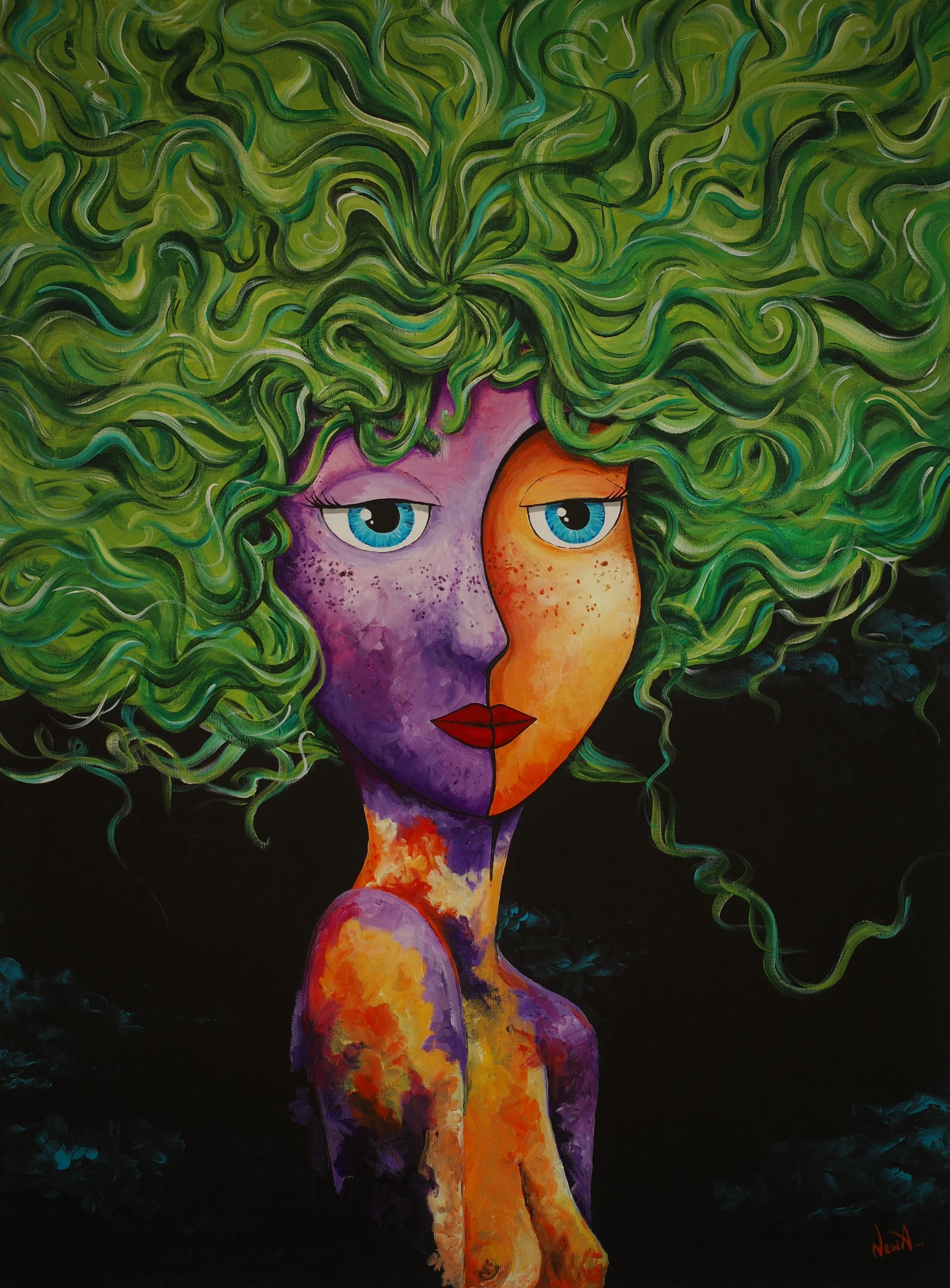 A colorful painting of a woman with curly green hair, half purple face, half orange face, and blue eyes, set against a black background.