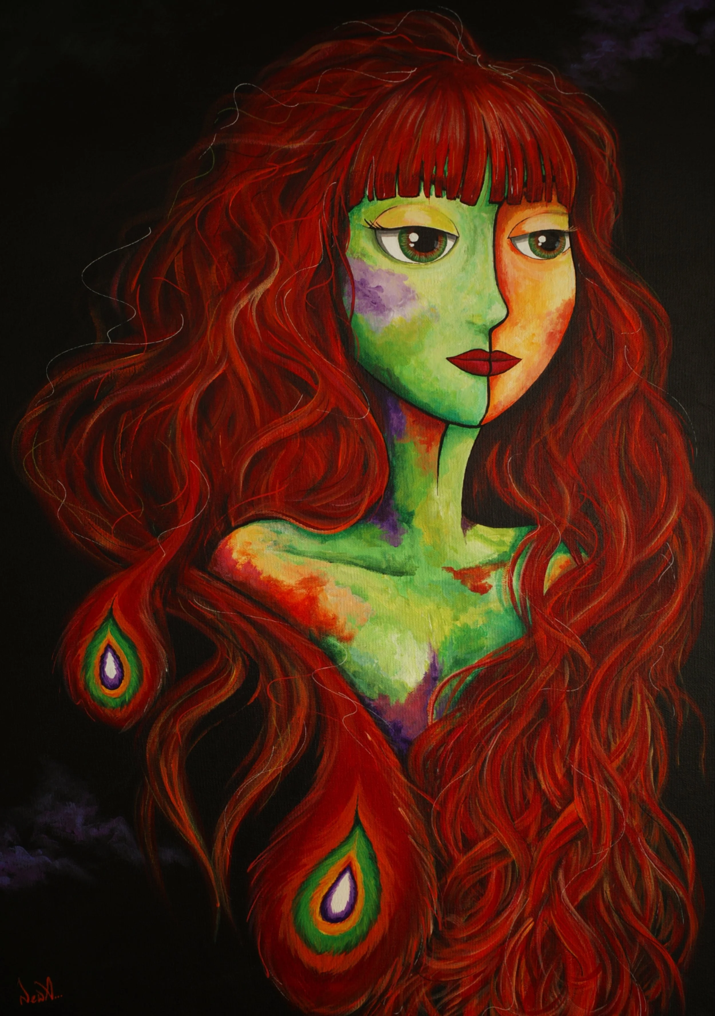 A colorful painting of a woman with long, wavy red hair, green and purple face makeup, and peacock feathers in her hair, set against a dark background.