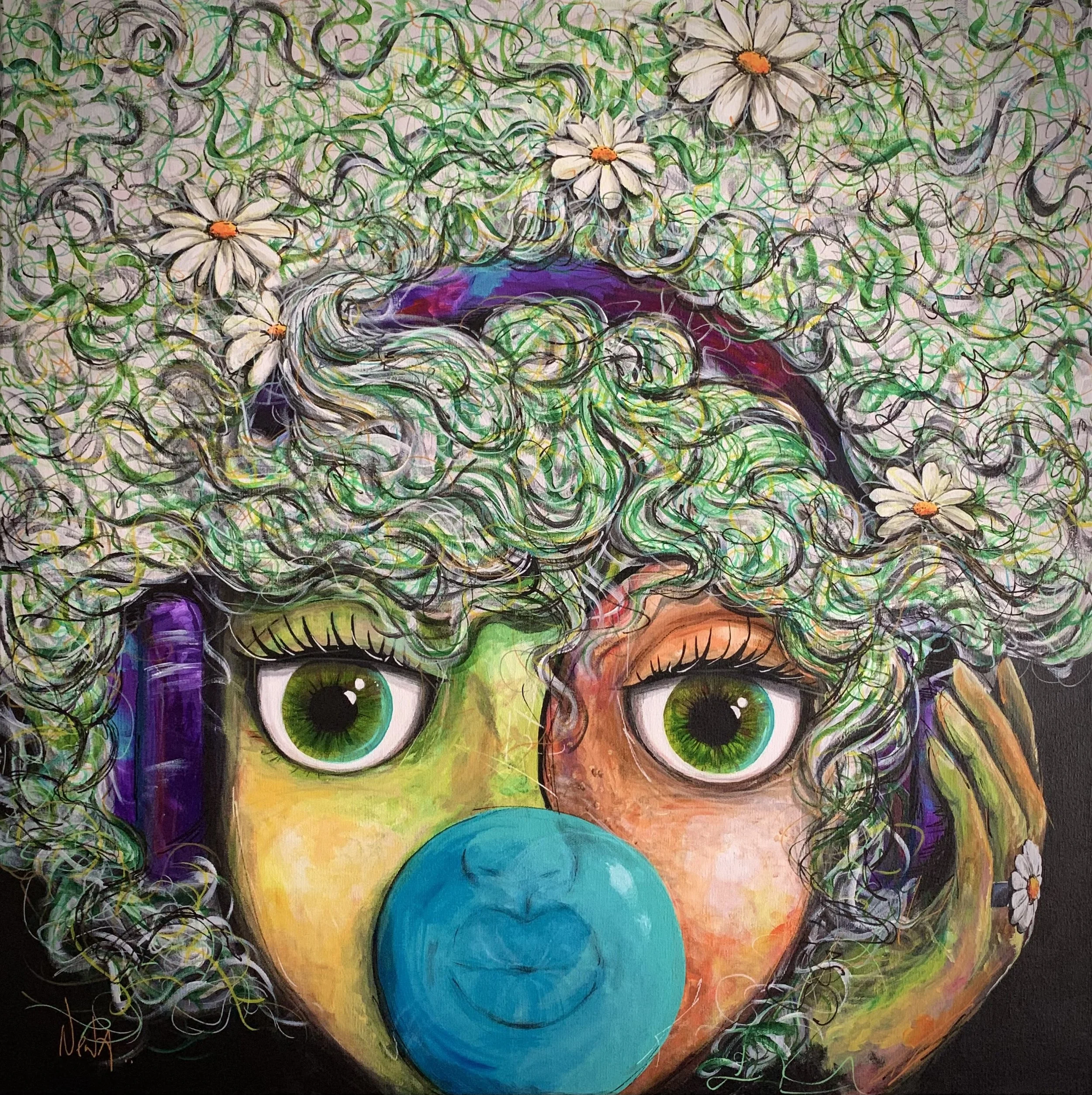 A colorful painting of a girl with big green eyes and curly hair filled with daisies, wearing purple headphones and blowing a blue bubble gum bubble.