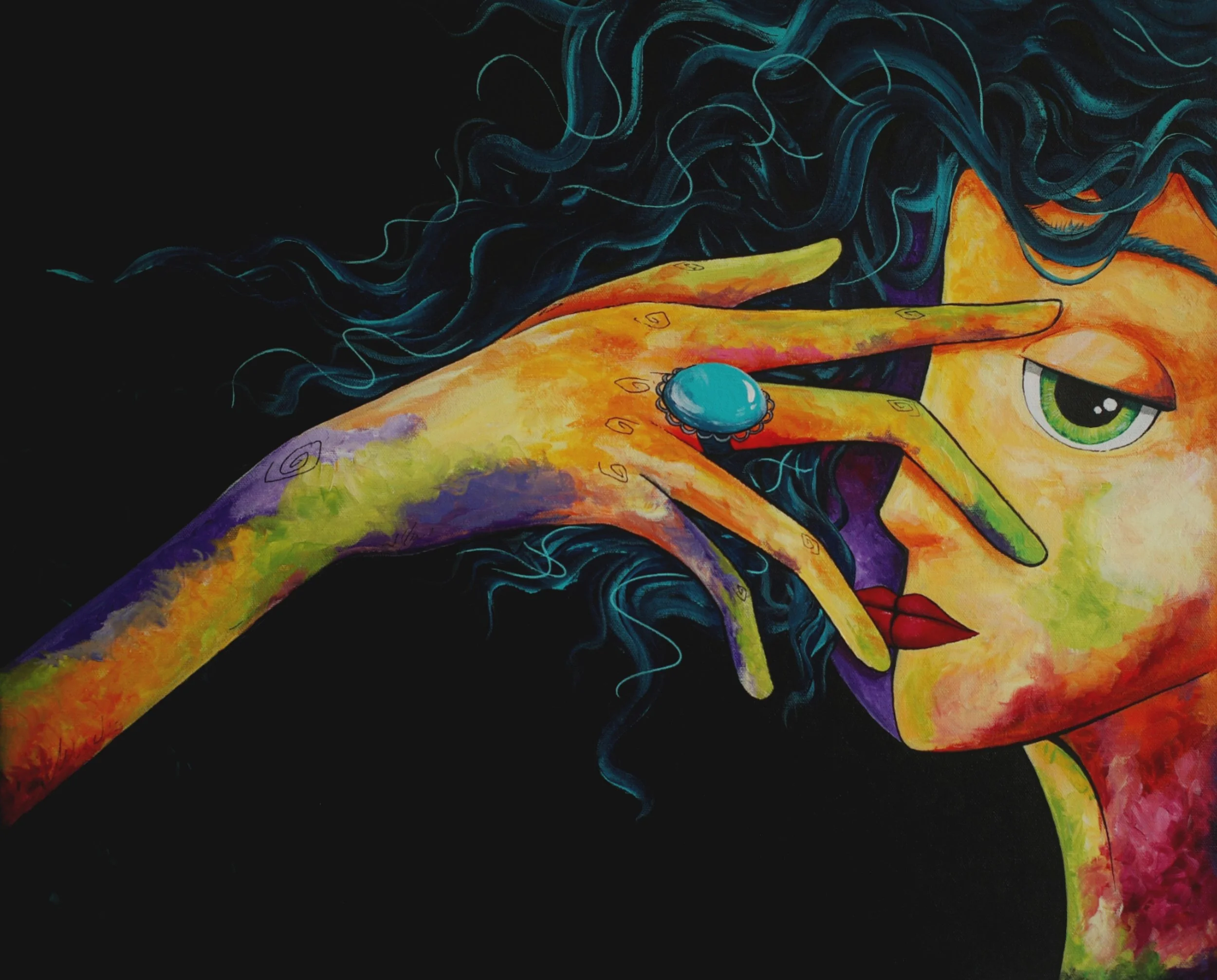 Colorful abstract painting of a woman's face with one eye visible, long flowing hair, and a hand with painted nails holding a blue gem near her eye.