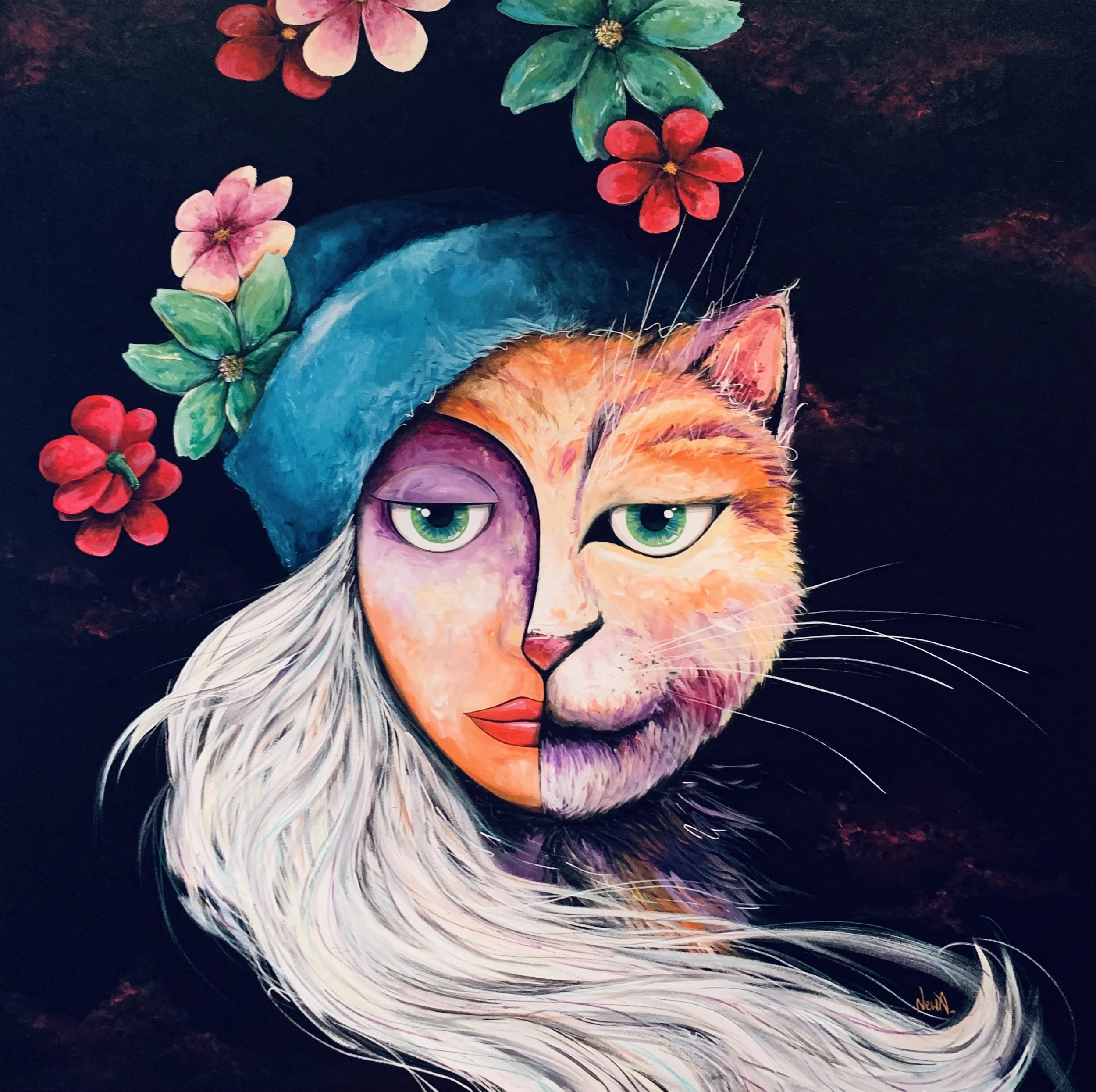 A painting of a cat with half human face, wearing a blue hat and surrounded by pink and green flowers, with one side of the face as a realistic cat and the other as a human with makeup and hair.