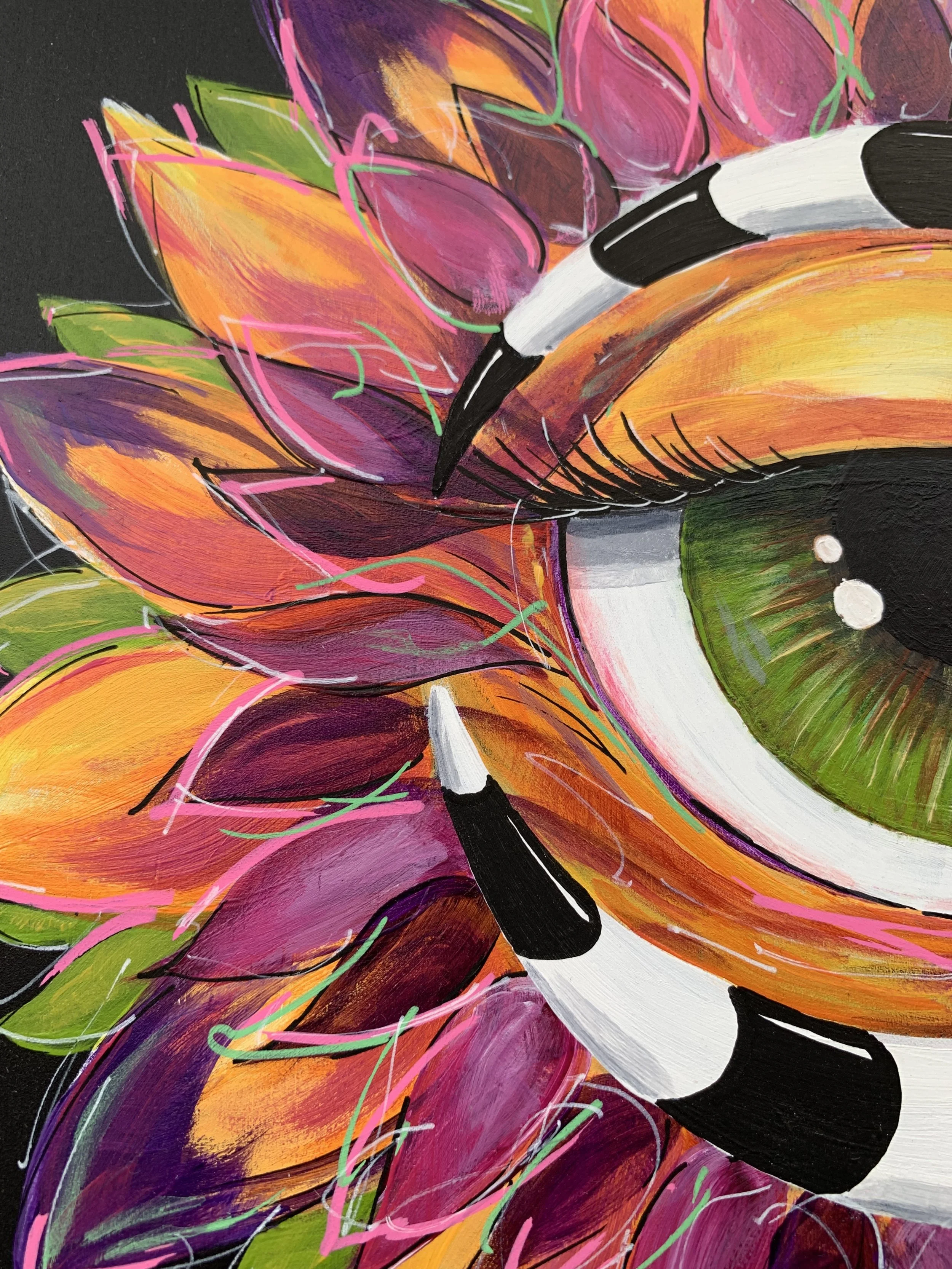 A colorful painting of a human eye surrounded by vibrant, abstract petals in pink, purple, orange, and green with white and black accents.