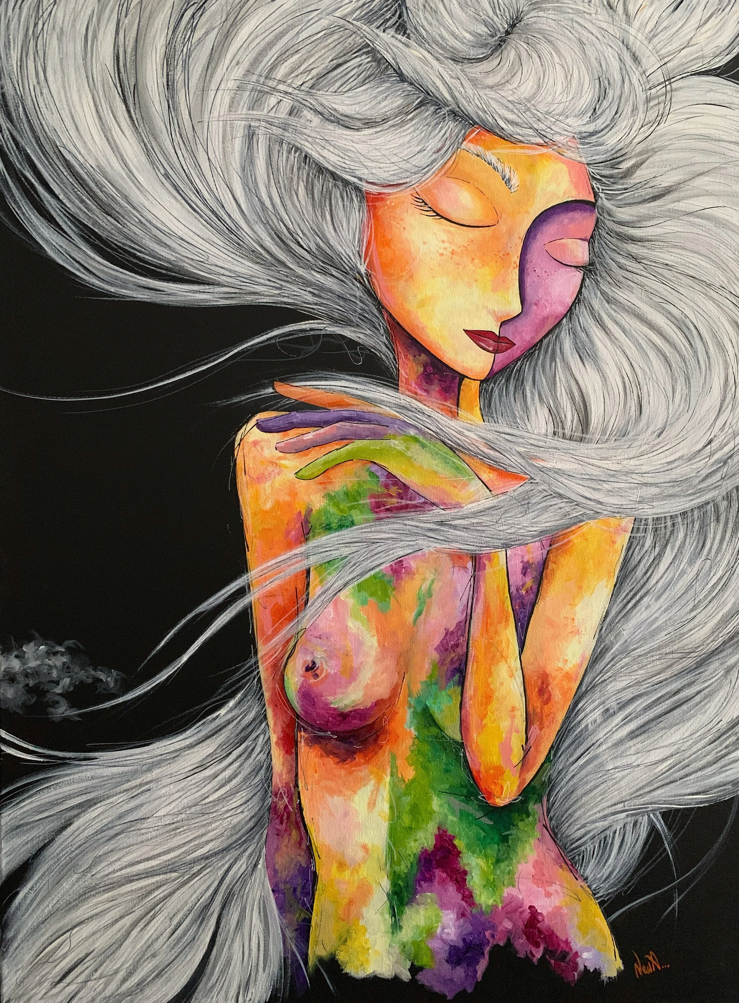 An artistic painting of a nude woman with long flowing gray hair, her eyes closed, with colorful watercolor-like patches on her skin against a black background.