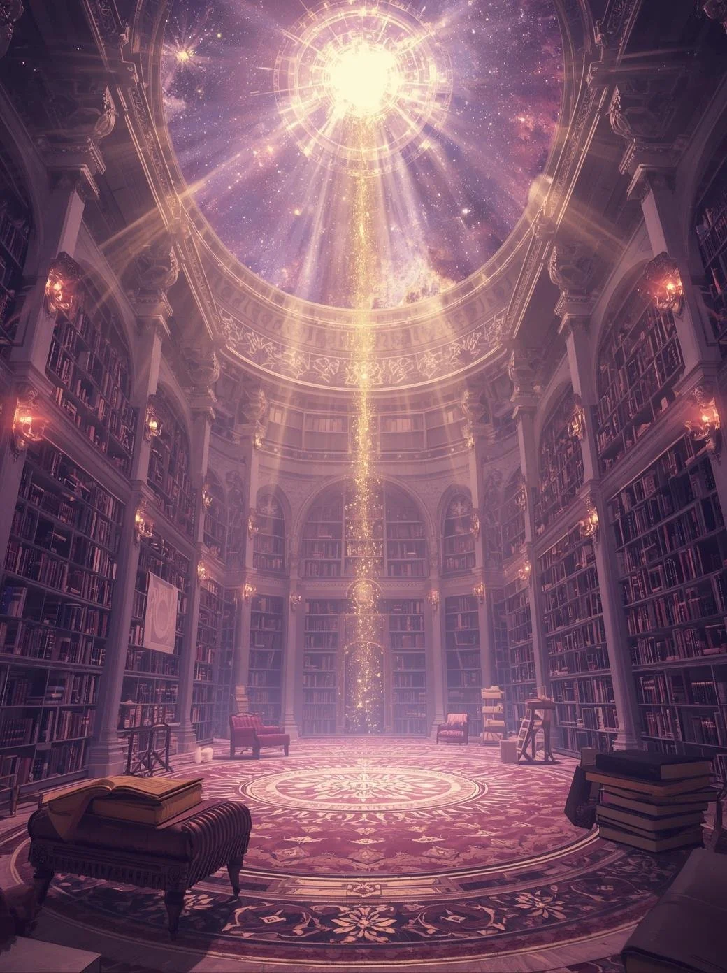 Bibliothèque astrale représentant un endroit circulaire dont le plafond est ouvert sur un ciel de nuit d'où une grande lumière descend