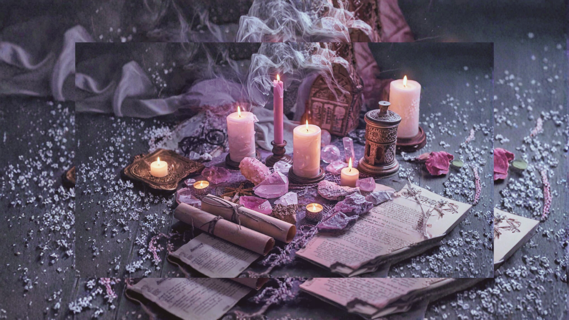 bougies allumées, cristaux roses, fleurs, livres ouverts, ambiance sacrée, espace rituel, fumée douce, objets énergétiques.