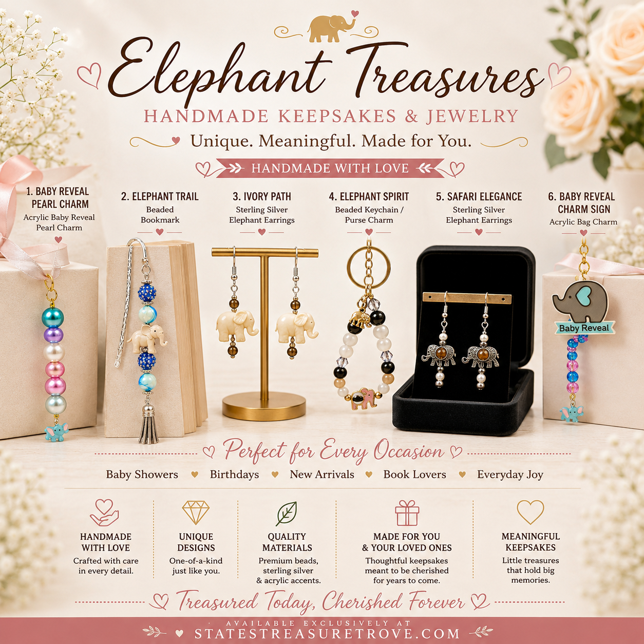 Elephant Treasures Collection – Sterling Silver Earrings, Elephant Bookmark, Keychains & Baby Reveal Charm