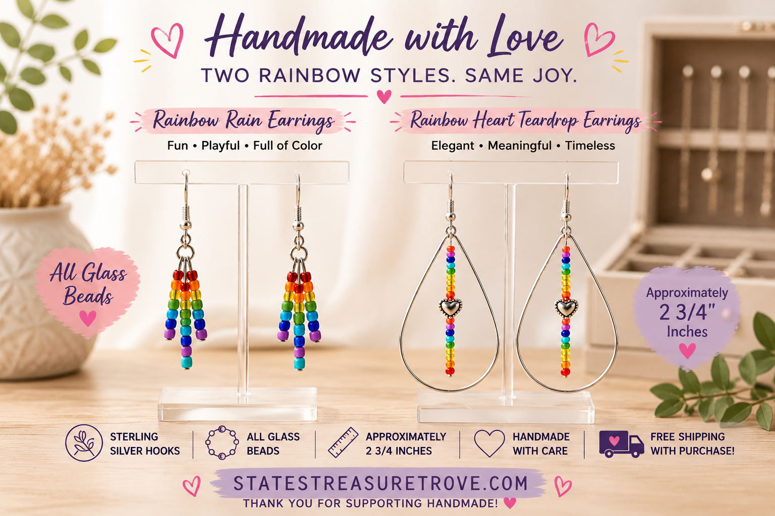 Rainbow Cascade Glass Bead Earrings – Sterling Silver Hooks