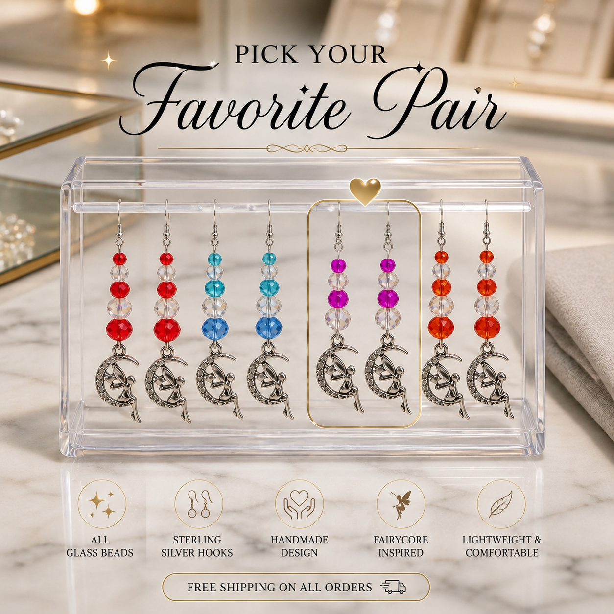 Moon Fairy Glass Bead Earrings – Sterling Silver Hooks – Handmade Fairycore Dangle Earrings