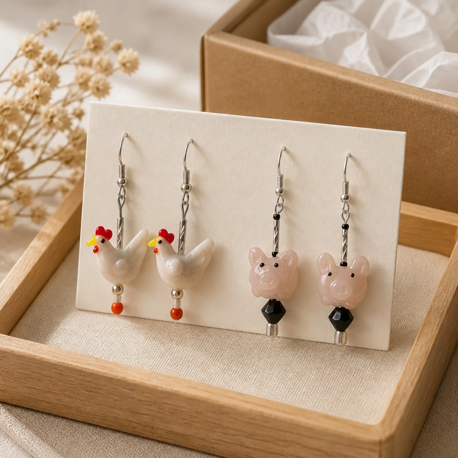 Carousel Hen or Pig Glass Bead Earrings – Sterling Silver Hooks | Whimsical Handmade Farmhouse Jewelry