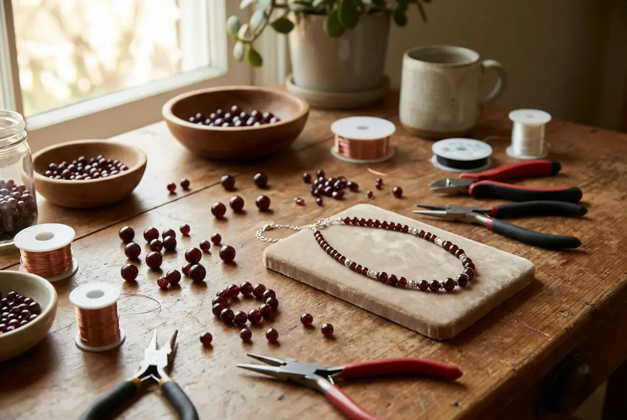 Jewelry-making workspace with beads, pliers, and jewelry on a wooden table near a window.