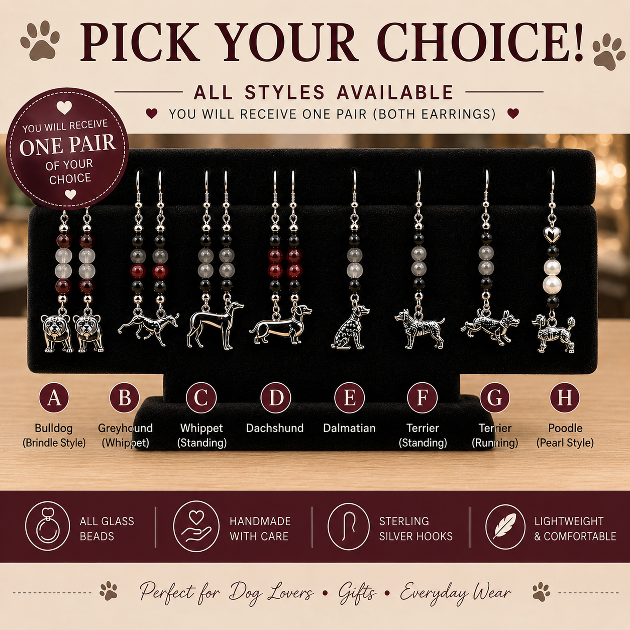 Handmade Dog Charm Earrings – Glass Beads & Sterling Silver Hooks