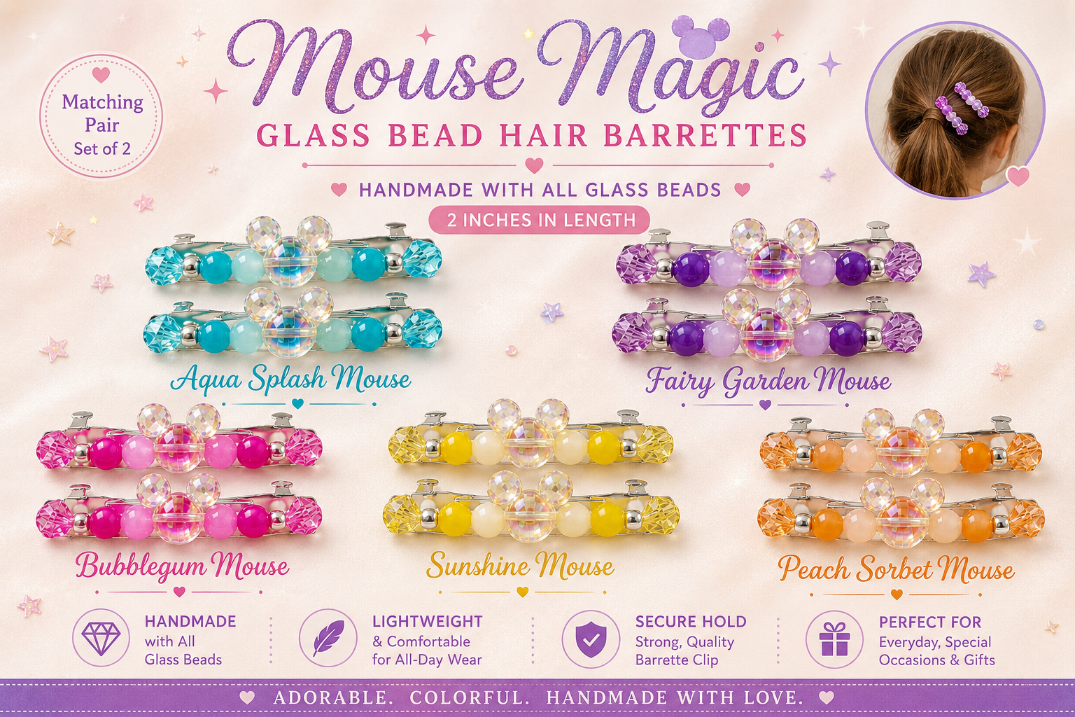 Mouse Magic Glass Bead Hair Barrettes – Pair of 2