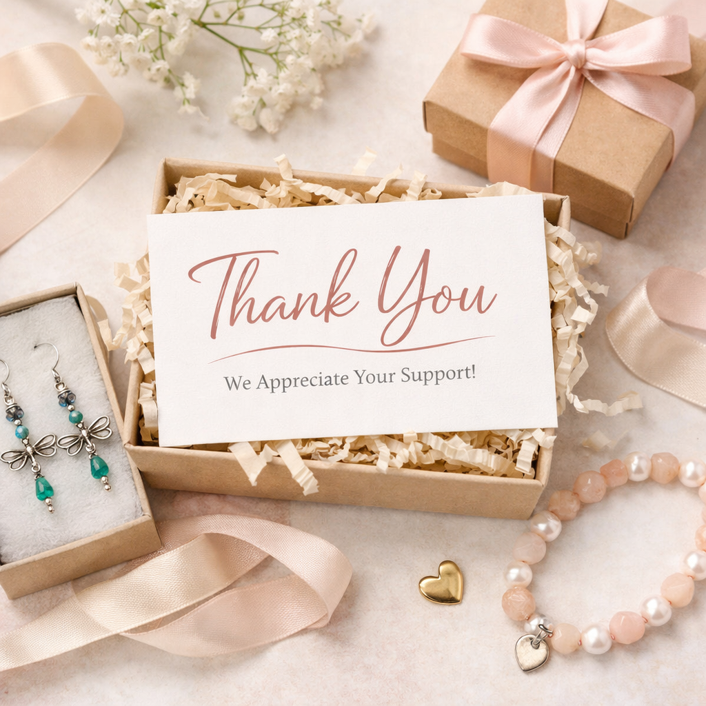A gift box containing a thank you card, earrings, a bracelet, a small gold heart, and a pink gift box with a satin ribbon, all arranged on a light background with flowers and ribbon.